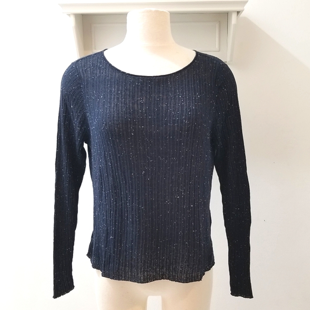 Eileen Fisher Navy with White Flecks Long Sleeve Ribbed Crewneck Pullover Top PL - Picture 3 of 11